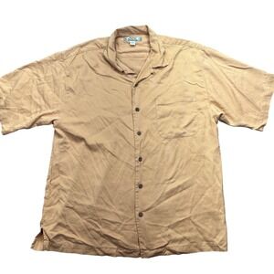 Tommy Bahama Silk Camp Shirt Button Up Short Sleeve‎ Striped Tan Mens L Beach